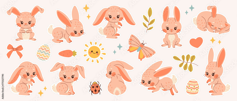 Cute Bunny sticker set. Hand drawn cartoon spring rabbits stickers with animals and floral decor. Modern flat Vector illustration
