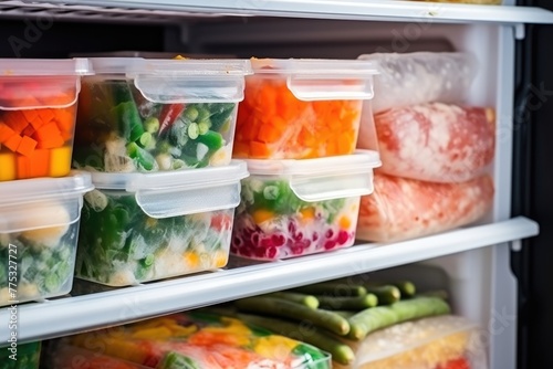 An open freezer showing neatly stacked containers filled with various chopped and frozen vegetables. Organized Frozen Food Containers in Freezer © Anatolii