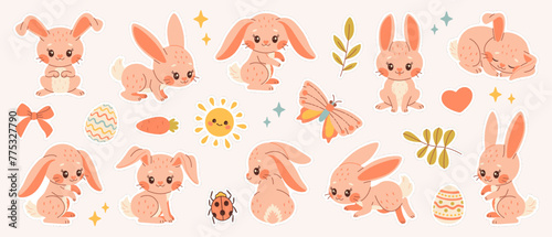 Cute Bunny sticker set. Hand drawn cartoon spring rabbits stickers with animals and floral decor. Modern flat Vector illustration © Aikaterini
