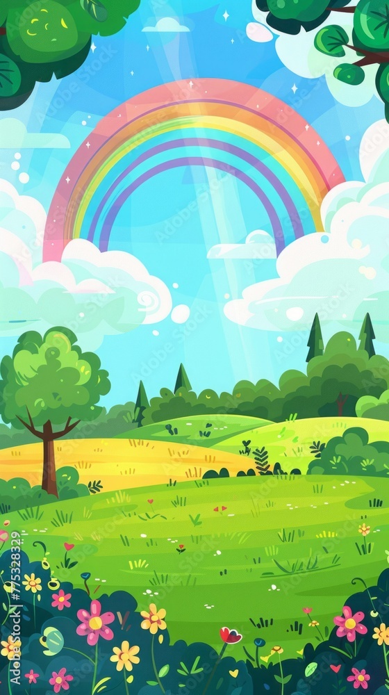 Naklejka premium rainbow landscape cartoon.