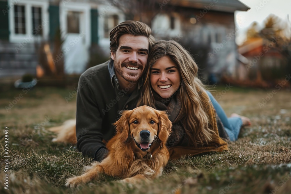 happy couple of people with dog happy couple of people with dog