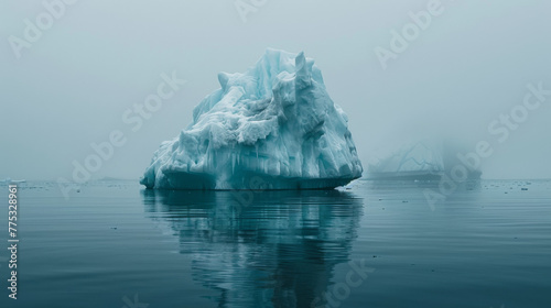 Solitary Iceberg Floating in Misty Arctic Ocean