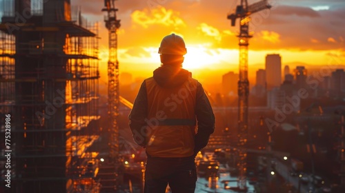 A construction worker silhouetted against the backdrop of a vibrant sunset and the city under development