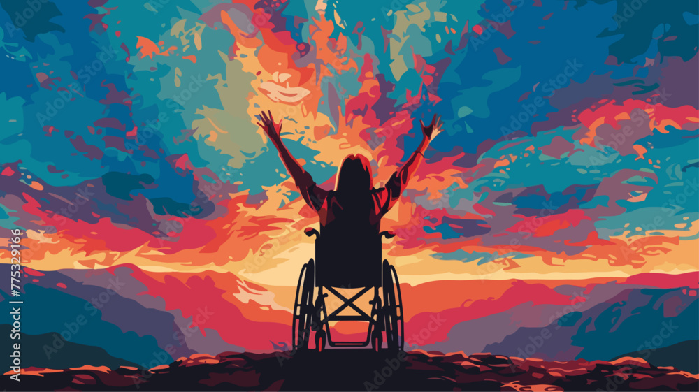 Frau Rollstuhl Triumphiert Siegerin Aussicht Silhouette Behinderung Freude Bunt Lebensfreude Gehbehindert Unfall - obrazy, fototapety, plakaty 