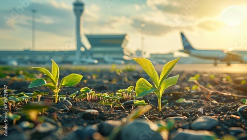 Green plant growing on the airport with a business private jet behind, emphasizing the environmental impact of aviation. AI generated illustration photo