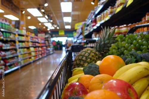 A shopper's eye view of a grocery cart filled with fresh fruits and vegetables, emphasizing healthy food choices and everyday shopping