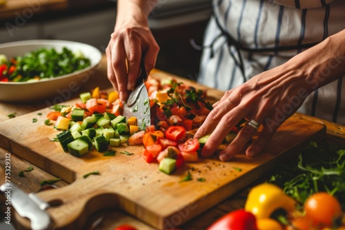 An engaging scene of hands meticulously dicing fresh vegetables on a cutting board, ideal for healthy lifestyle imagery