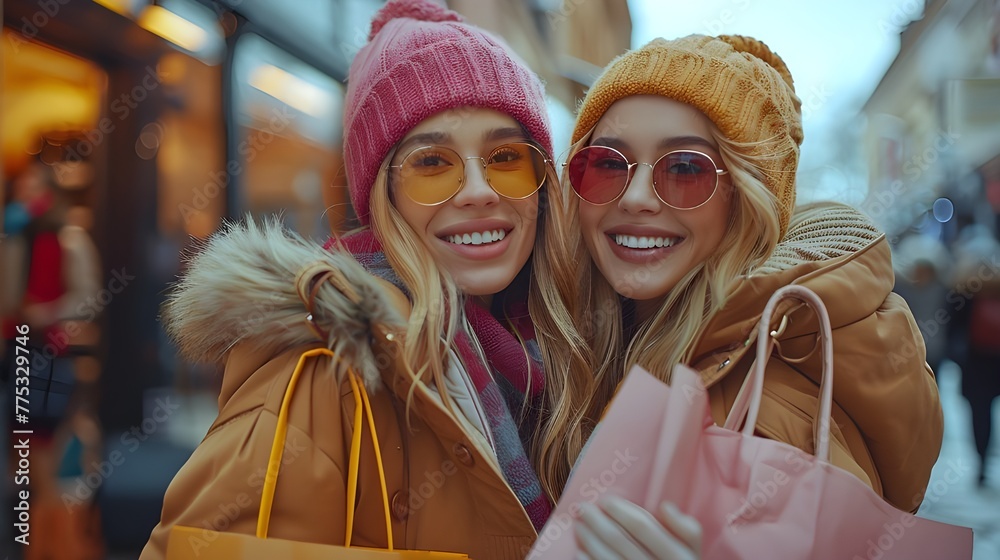  Black friday concept. Discounts and sales, Two happy girlfriends looking on the shopwindow while standing with shopping bags near the mall ai generated 