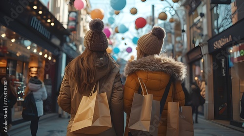  Black friday concept. Discounts and sales, Two happy girlfriends looking on the shopwindow while standing with shopping bags near the mall ai generated 