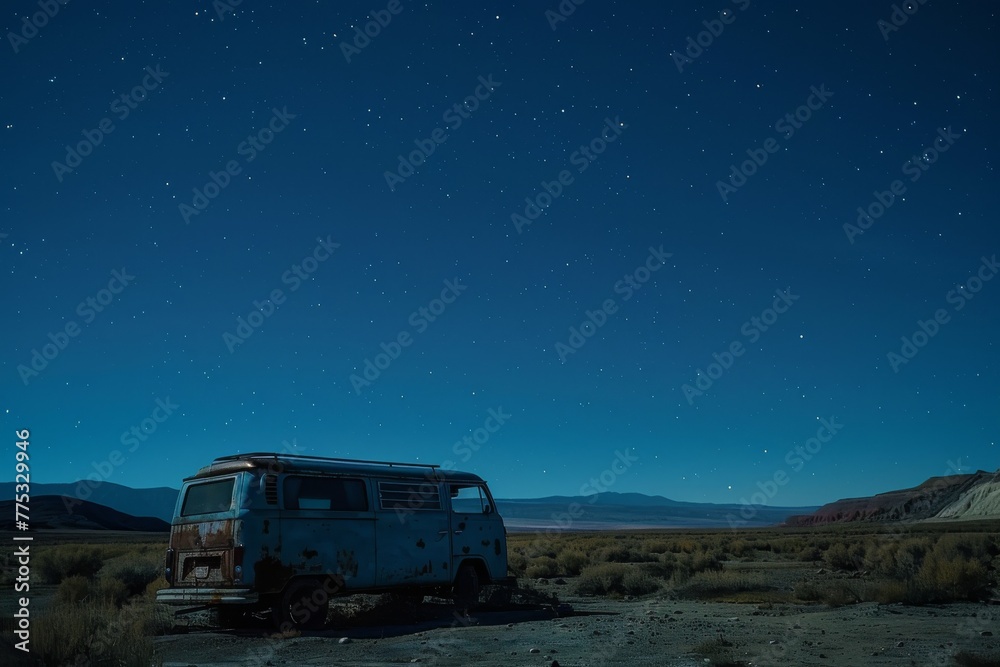 An abandoned vintage van sits solitary under a clear, expansive starry night sky in a remote desert scene