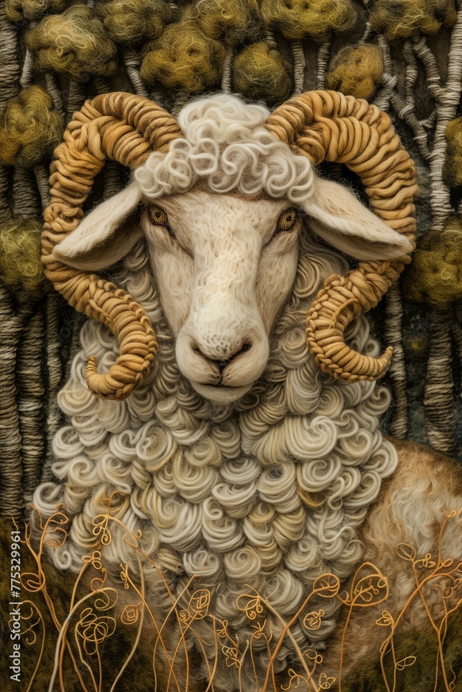 A kitted wool portrait depicting a detailed and lifelike ram with an intricate woolly coat and horns among wool textures