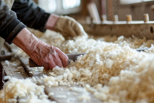 Close-up of experienced hands shearing sheep wool, depicting traditional craftsmanship