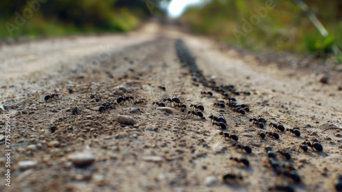 Close-up of black ants on a dirt road - A macro perspective of a multitude of black ants bustling on a dry dirt road, emphasizing the details