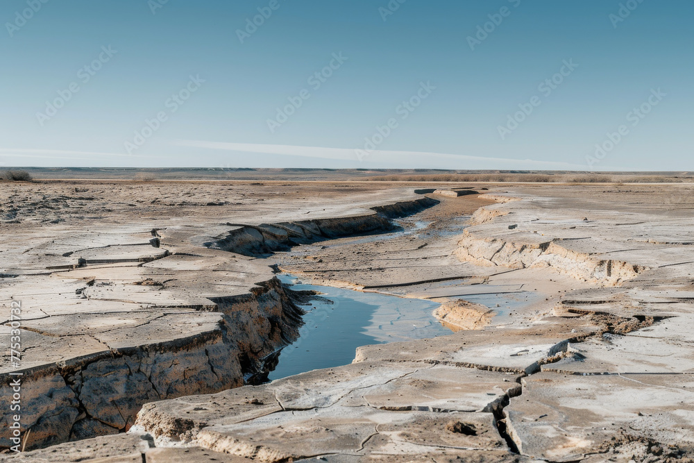 Arid landscape with small water reservoir reflecting climate change