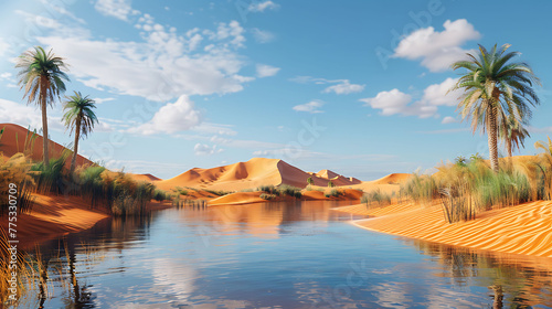 Desert oasis surrounded by golden sand dunes