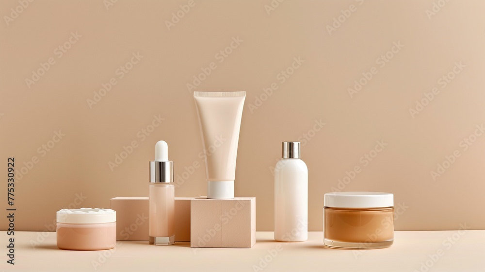 Elegant Set of Skincare Beauty Products Mockup on Neutral Background