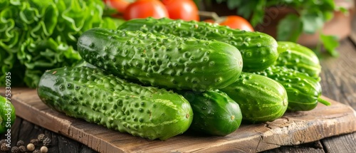   A heap of verdant cucumbers positioned atop a wooden cutting plank beside a mound of ripe tomatoes