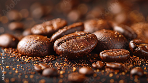 A pile of coffee beans with some powder on top. AI.