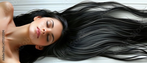   A stunning woman reclines on a white surface with flowing long black locks and her eyes shut