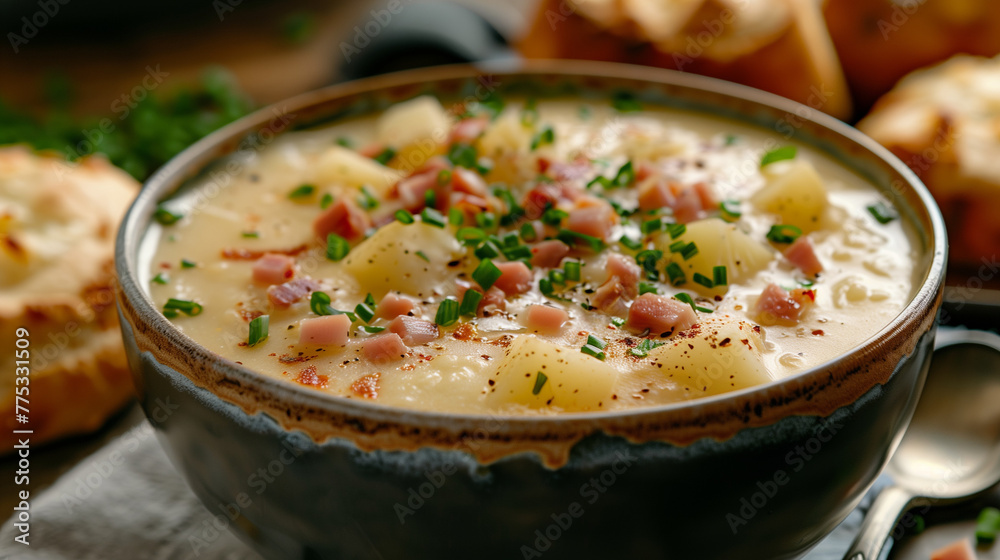 A bowl of soup with meat and potatoes. AI.
