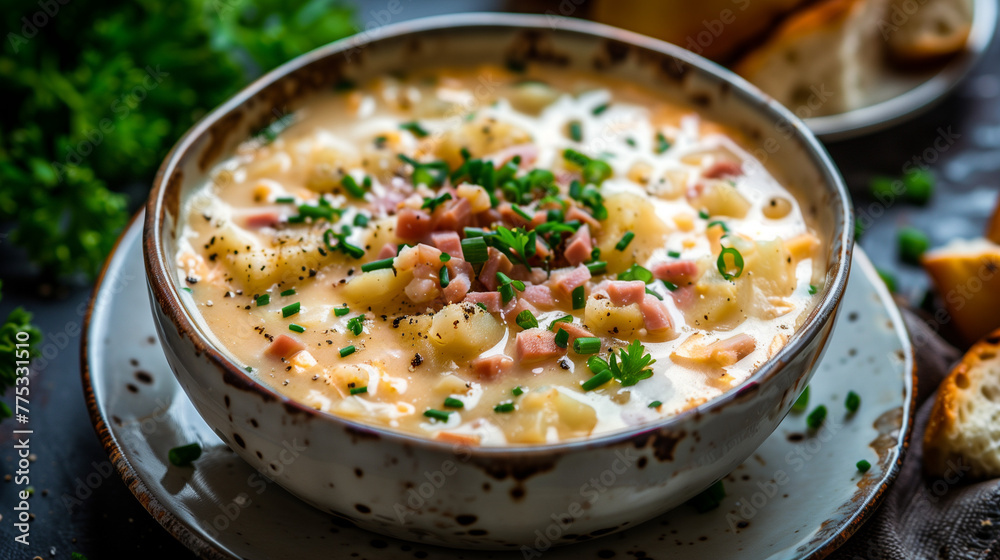 A bowl of soup with meat and parsley on top. AI. A bowl of soup with meat and parsley on top. AI.