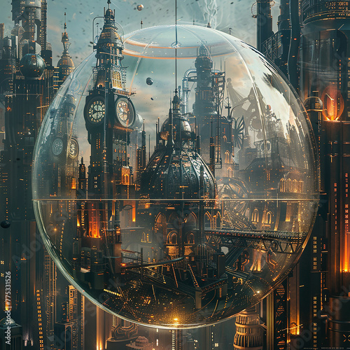 A steampunk cityscape with towering clockwork structures and industrial marvels, enclosed within a metallic 3D glass globe.