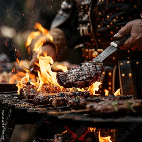 A duel between a knightly steak and a dragonshaped flame, grilling to perfection in a medieval cookoff , clean sharp focus
