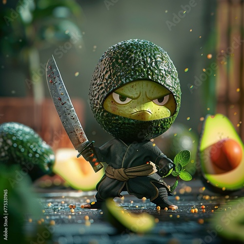 A stealthy avocado ninja slicing itself in half, revealing a pit of mystery ,professional color grading photo