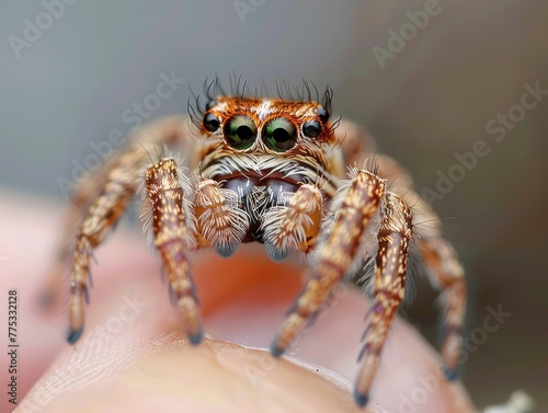 Colorful jumping spider on human finger.