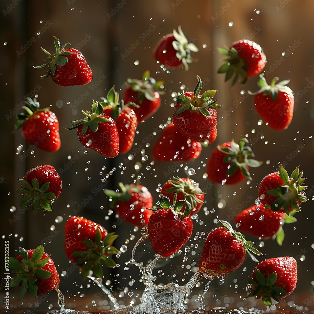 Strawberries spinning like tops, their whirl creating a Twirl effect in the surrounding air , clean sharp