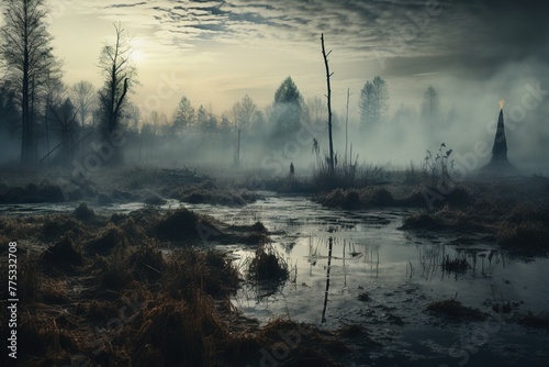 Abstract foggy gloomy frosty swamp landscape with dark black forest in the background photo