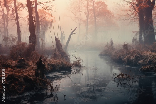 Abstract gloomy frosty swamp landscape with foggy forest under sunrise in the background © Маргарита Вайс