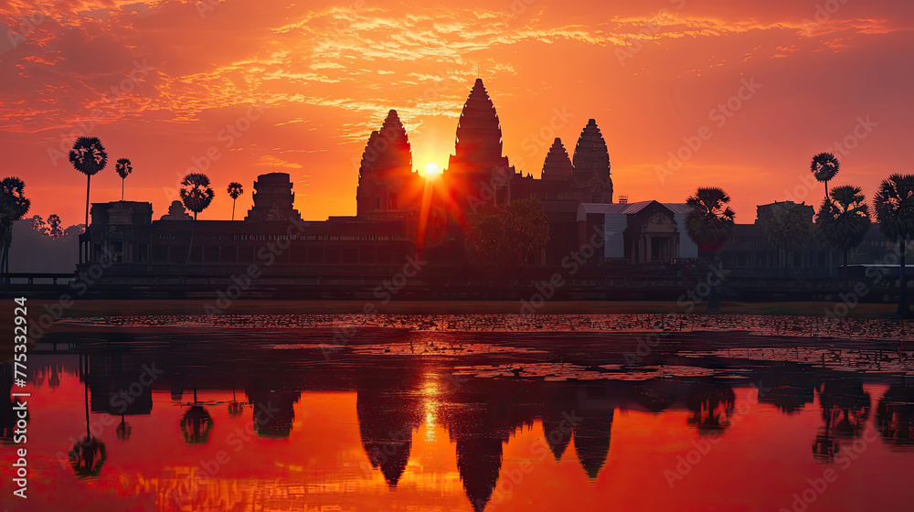 Fototapeta premium Angkor Wat Awakens at Dawn A UNESCO Wonder Bathed in Light. 