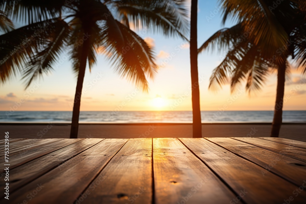 Empty wooden tabletop mockup for advertising products with blurred background with palm trees on a calm sea beach