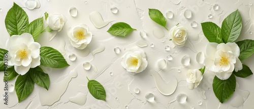  A group of white flowers with green leaves on a white background, with water droplets on the petals