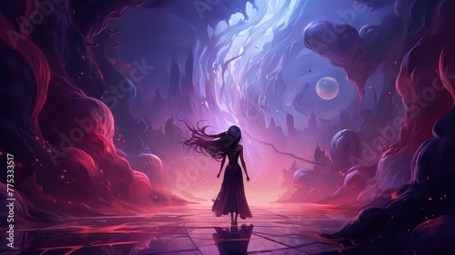 A woman with flowing dark hair stands in a mysterious underground cavern. She faces away from the viewer, looking out into the distance.