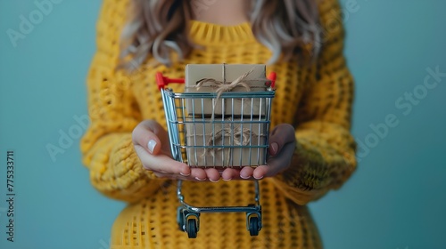 Cart with boxes, Toy shopping cart with boxes in female hand over blue background. Copy space for text or design. Ssale, discount, shopaholism concept. Consumer society trend ai generated  photo