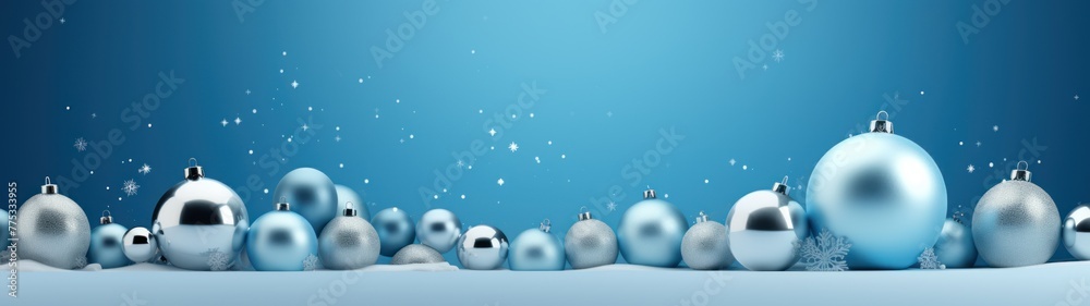 Christmas banner a row of silver and blue Christmas decorations on a snowy surface on a blue background. The scene looks festive and bright. Christmas banner a row of silver and blue Christmas decorations on a snowy surface on a blue background. The scene looks festive and bright.