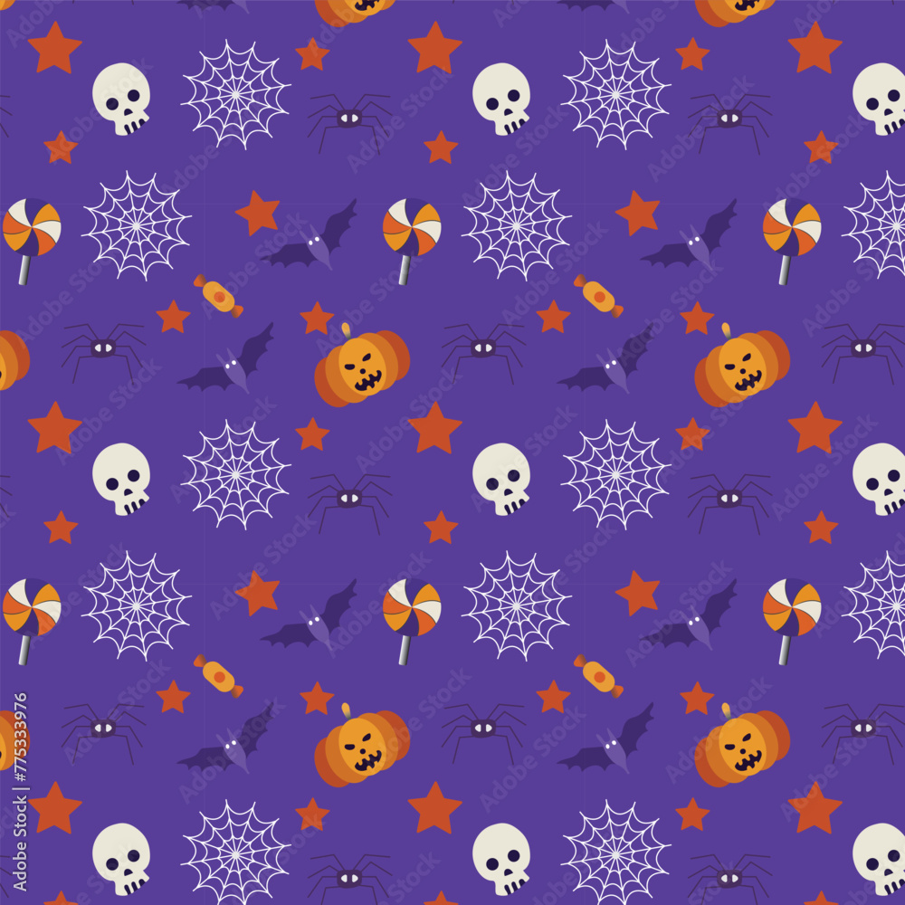 Seamless texture Halloween in cartoon style. Pumpkin, Skull, chocolate, Spider, Bat. flat vector illustration. 