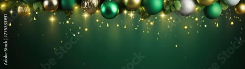 A green and gold Christmas background with baubles, fir branches and confetti.