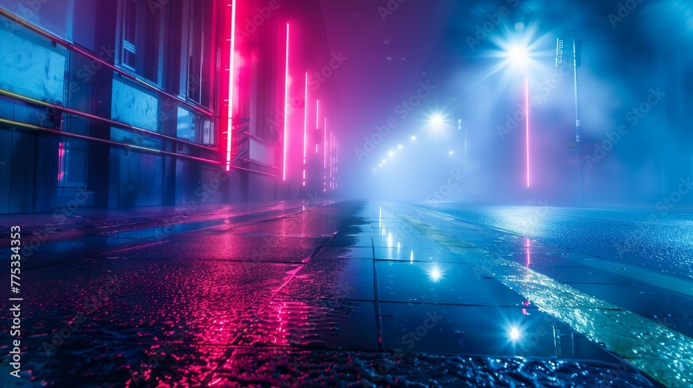 An empty urban street scene at night, bathed in the surreal glow of neon lights reflecting off the wet asphalt. The air is thick with smog softenvelops the street.
