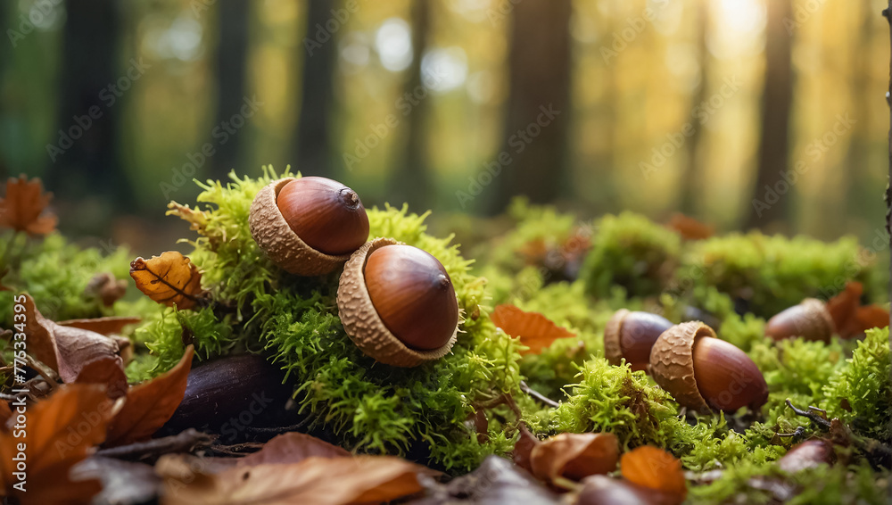 beautiful acorns in the autumn forest moss close-up - obrazy, fototapety, plakaty 