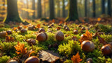 beautiful acorns in the autumn forest close-up