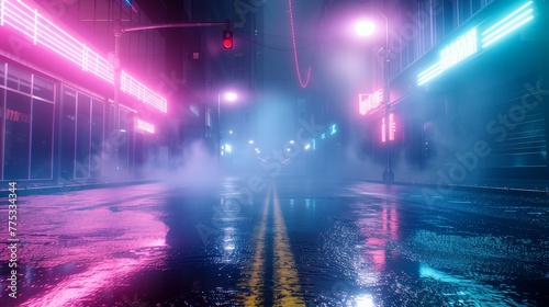 An empty urban street scene at night  bathed in the surreal off the wet asphalt. The air is thick with smog  diffusing the neon into a soft haze that envelops the street.
