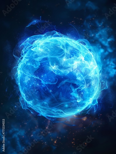 Ethereal blue energy ball with swirling patterns - A mesmerizing image of a blue glowing energy sphere with intricate swirling light patterns against a deep space background