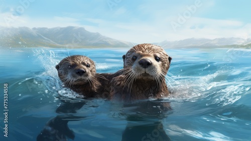 Two otters swimming in a body of water. The sky is blue with light clouds, and there are mountains in the background. The water is blue, and the otters are brown with black accents on their heads. © ProPhotos