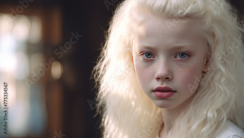 Portrait of an albino girl. Free space for text