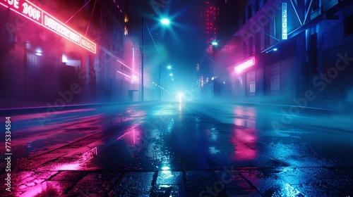 An empty urban street scene at night, bathed in the surreal glow of neon lights reflecting off the wet asphalt. The air is thick with smog soft haze that envelops the street.