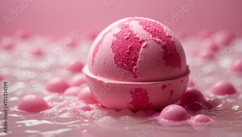 Pink bath bomb and foam on pink background. Smell of lavender or berries