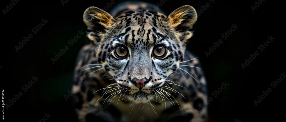   A close-up of a leopard's face on a black background with a blurry effect on its face